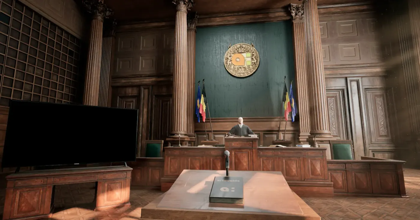 Rechtszaal in Open Judge, met de AI-rechter achter de bank